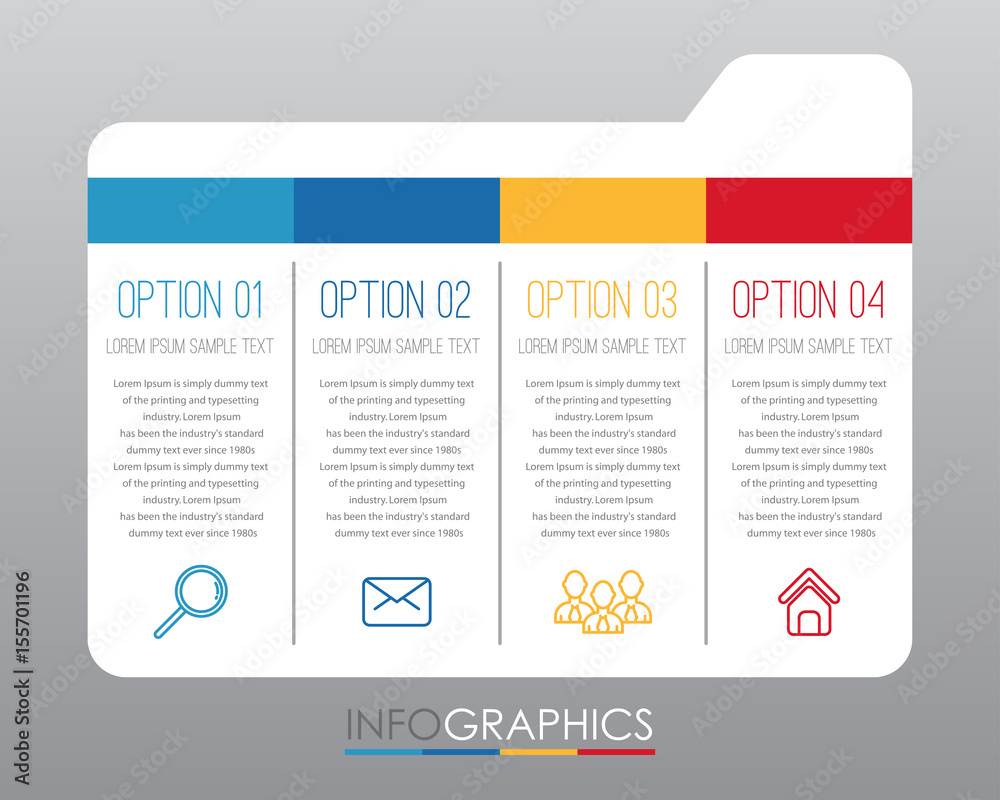 Obraz premium Modern Info-graphic Template for Business with four steps multi-Color design, labels design, Vector info-graphic element, Flat style vector illustration.