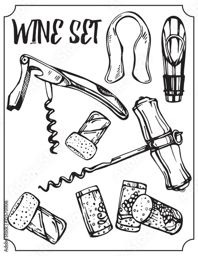  Set of wine accessories. Vector isolated Illustration.