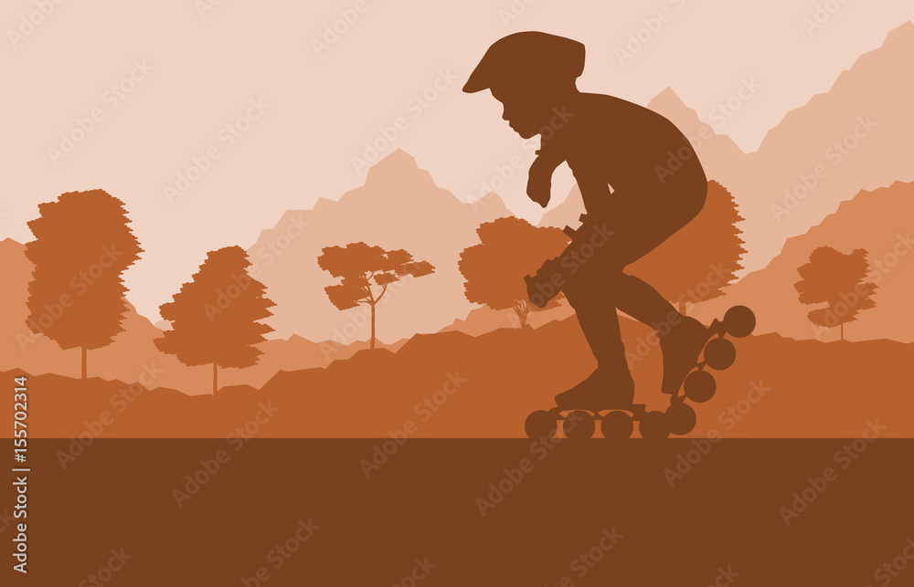 Fototapeta premium Inline skate kid in park landscape with forest trees vector