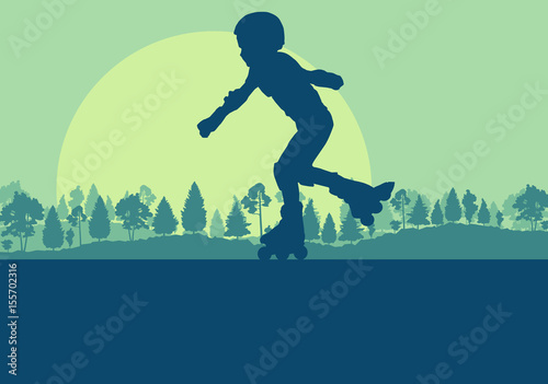 Inline skate kid in park landscape with forest trees vector