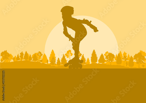 Inline skate kid in park landscape with forest trees vector