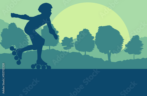 Inline skate kid in park landscape with forest trees vector