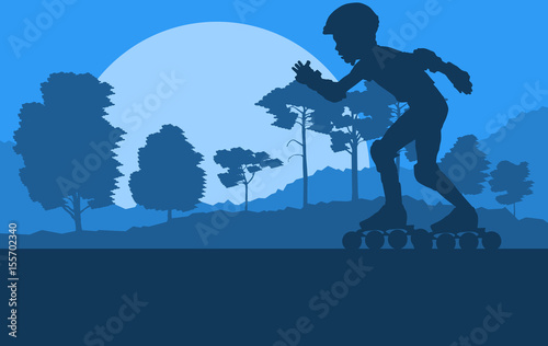 Inline skate kid in park landscape with forest trees vector