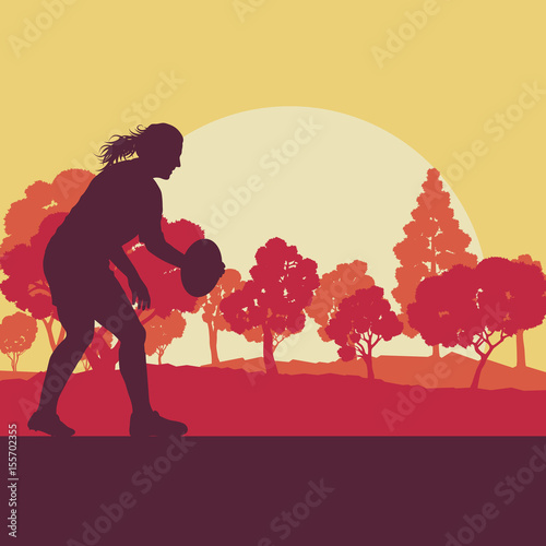 Rugby woman player vector background landscape with forest trees