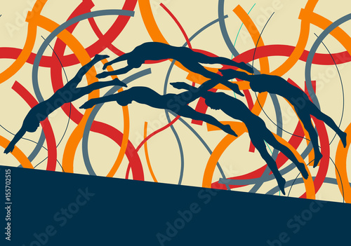 Swimming man jump abstract landscape vector background