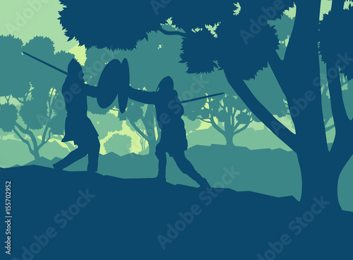Warrior medieval fighter duel forest trees landscape vector