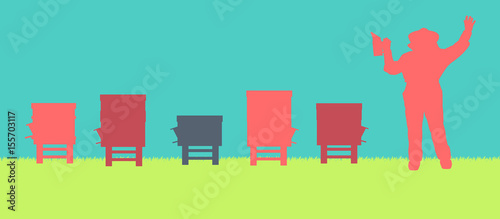 Beekeepers working with bees and hives vector background colorful banner