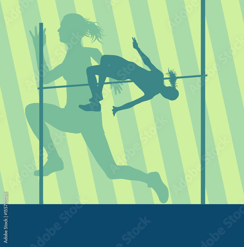 High jump active woman athlete in motion sport silhouette vector abstract background