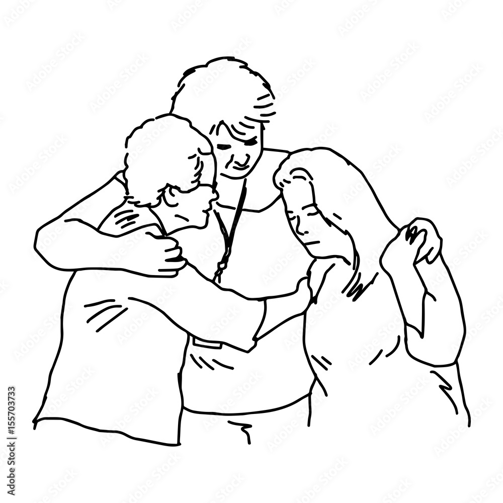 three people embracing to comfort each other - vector illustration sketch hand drawn with black lines, isolated on white background three people embracing to comfort each other - vector illustration sketch hand drawn with black lines, isolated on white background