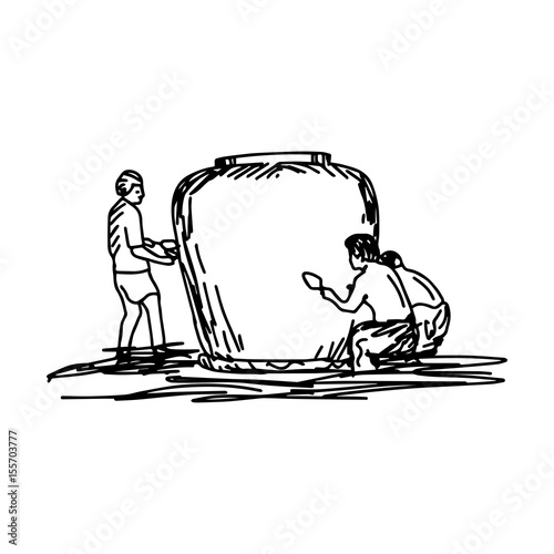 people making big earthen jar for keeping water - vector illustration sketch hand drawn with black lines, isolated on white background