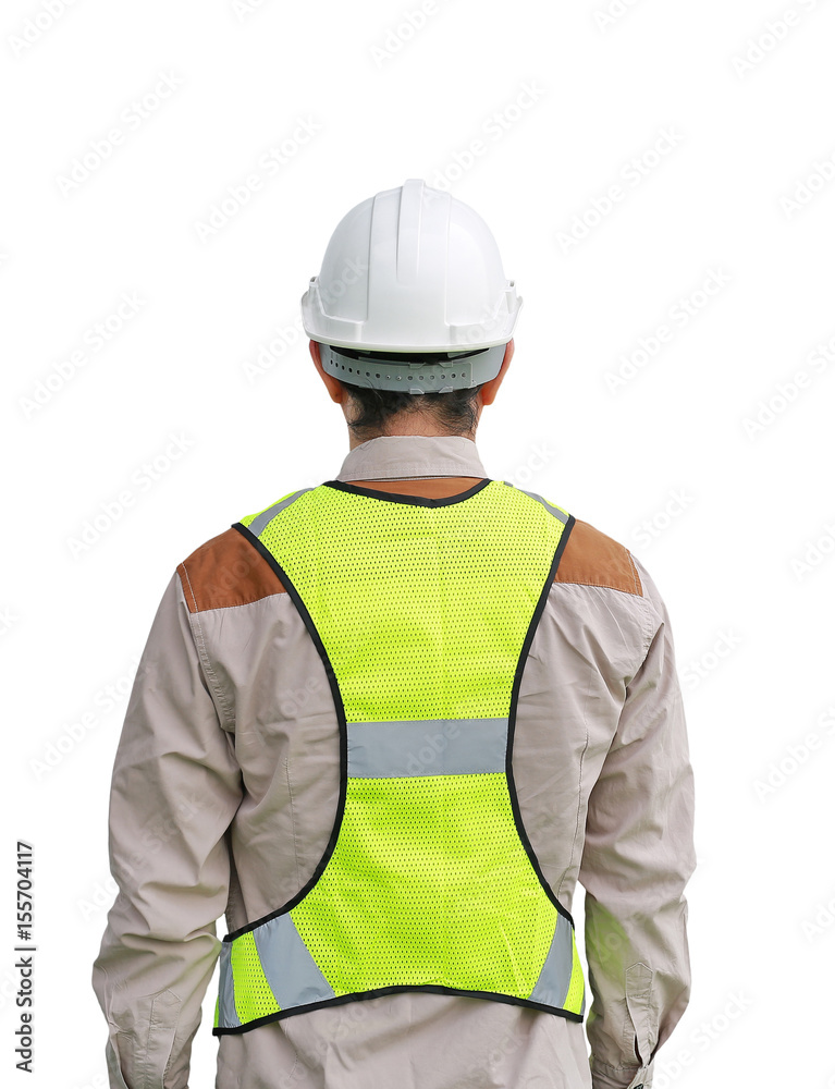 Back view of Male construction worker isolated on white background. Back view of Male construction worker isolated on white background.