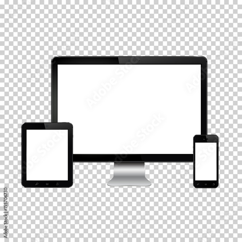 Set of realistic computer monitor, digital tablet and mobile phone with blank screen. Isolated on transparent background.