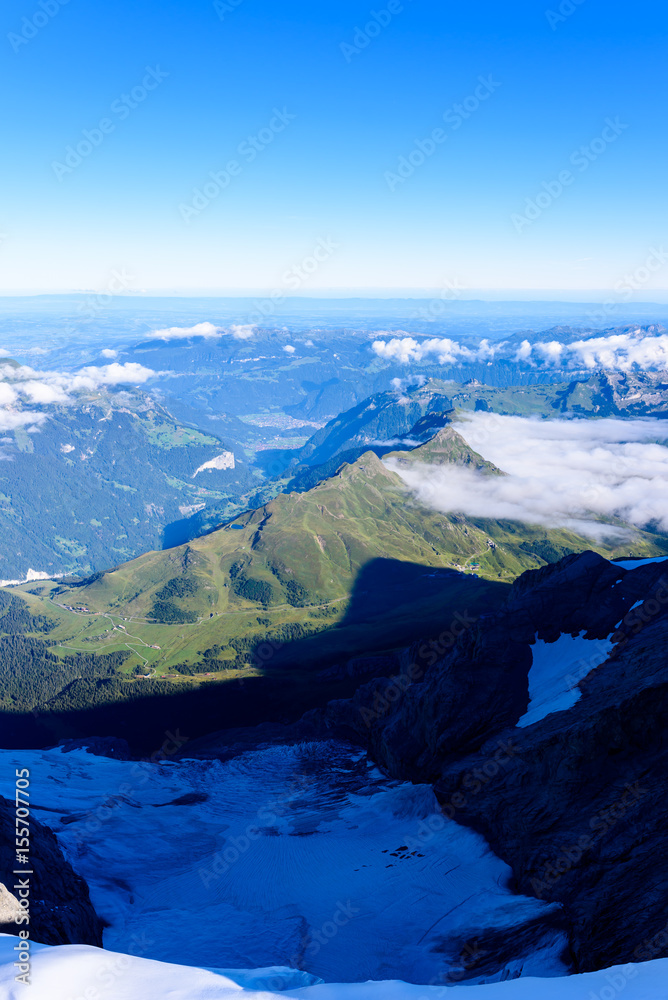 View from Jungfraujoch platform to Lauterbrunnen, Bernese Alps in Switzerland - travel destination in Europe