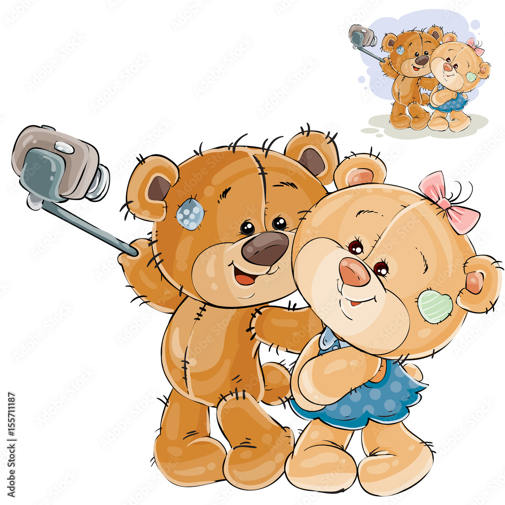 Naklejka premium Vector illustration of a couple of enamored brown teddy bears making his selfie photo on a smartphone. Print, template, design element