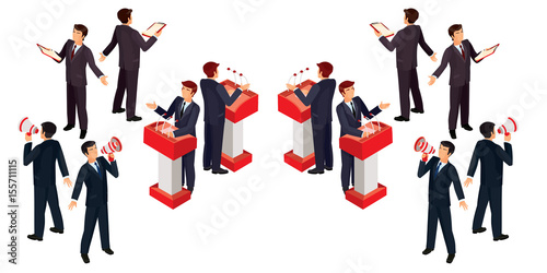 Vector illustration isometric people businessman doing a report on the podium, with loudspeaker, reading from a sheet