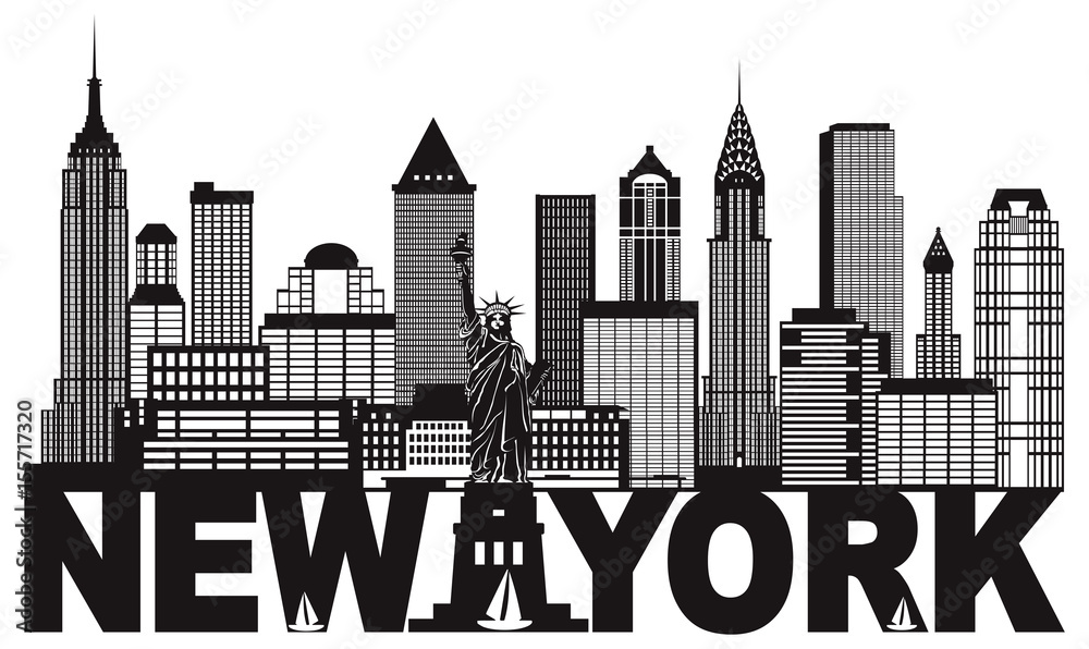 New York City Skyline and Text Black and White vector Illustration ...