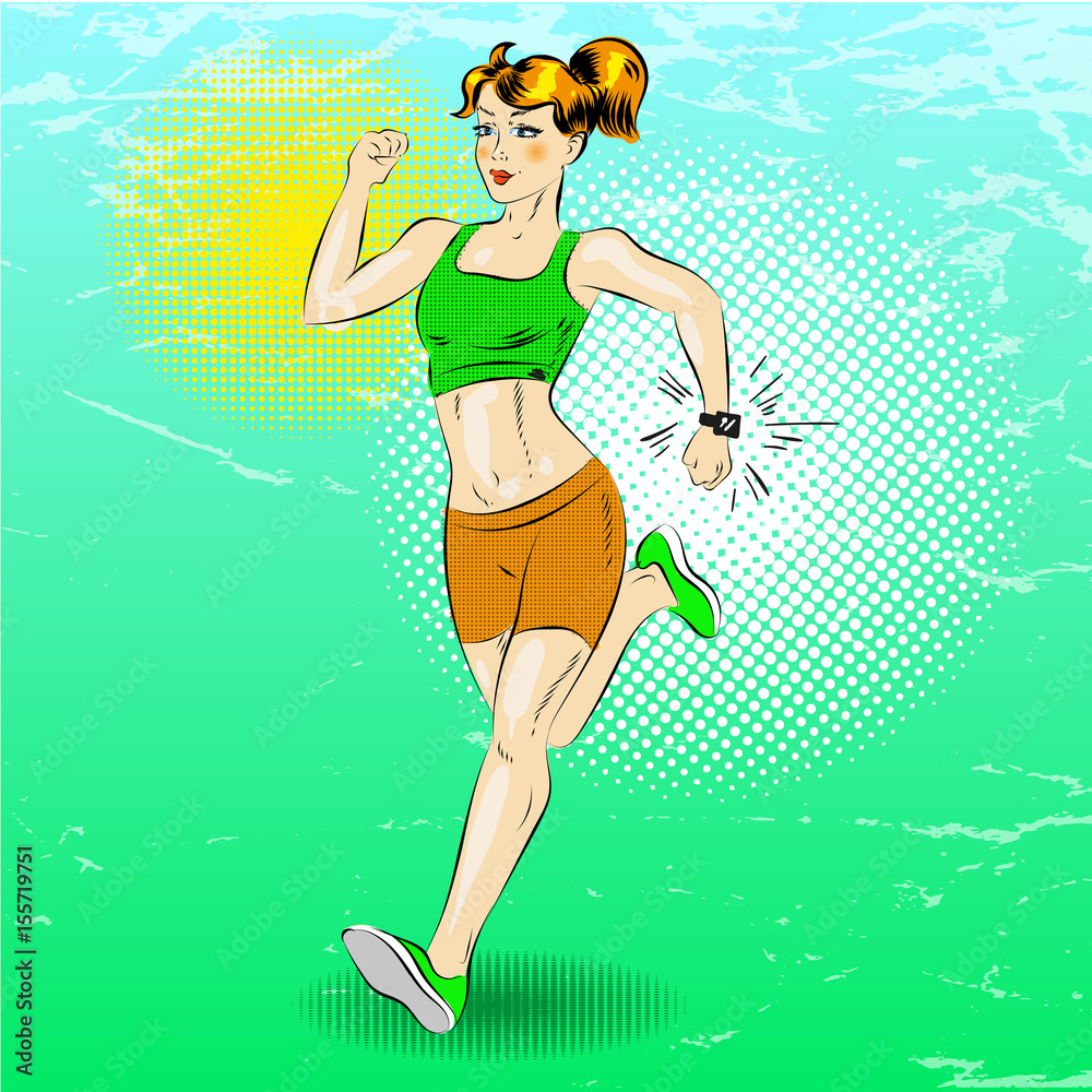 Vector pop art illustration of sporty girl running