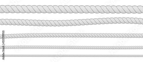 Different thickness horizontal white ropes isolated on white background.