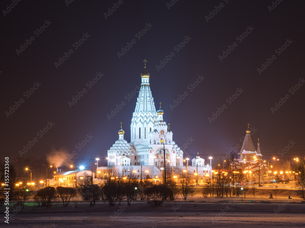 Obraz premium All Saints Church In Minsk, Belarus. Memorial Church Of All Saints And In Memory Of The Victims, Which Served As Our National Salvation.Church With Gold Domes With Festive Night Illumination