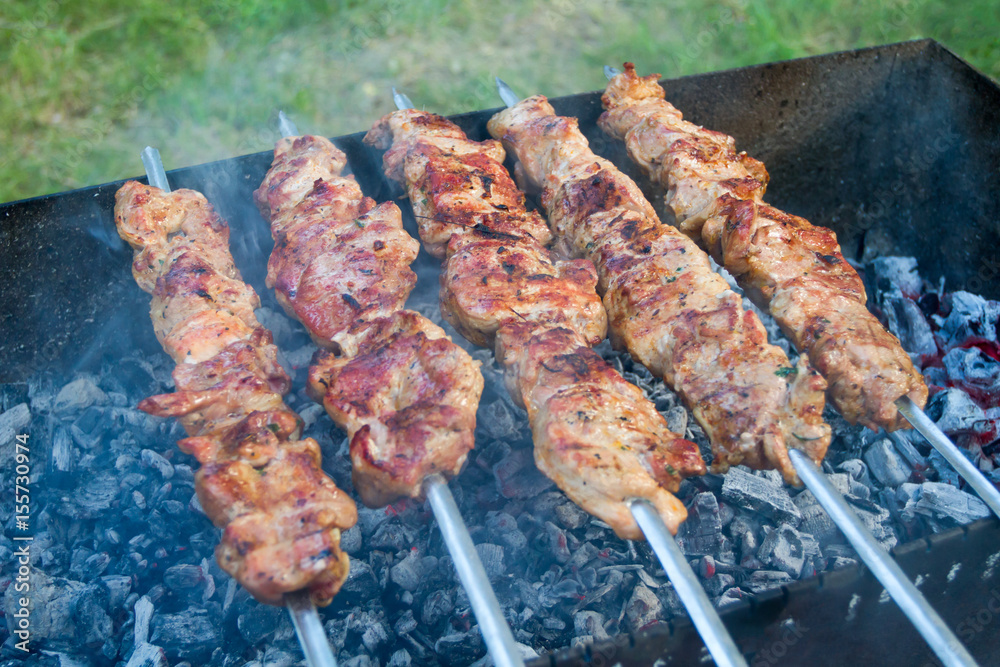 The pork shish kebabs prepared on a brazier for a holiday.