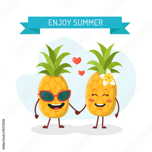 A couple of pineapples in love. Enjoy summer. Vector pineapples cartoon character illustration.