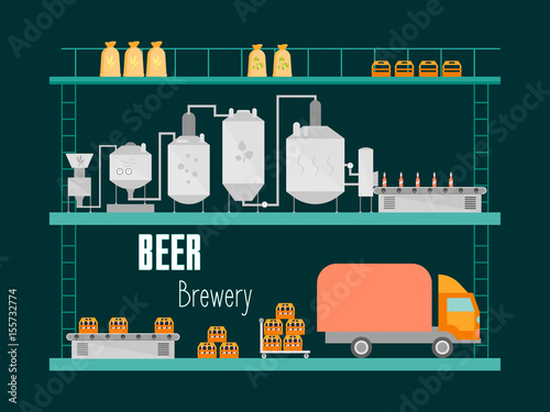 Cartoon Beer Brewing Process Production Drink. Vector