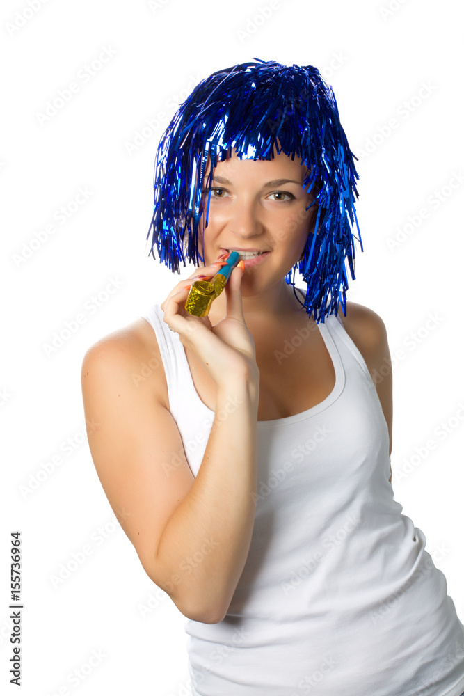 happy girl with blue wig ready for party happy girl with blue wig ready for party