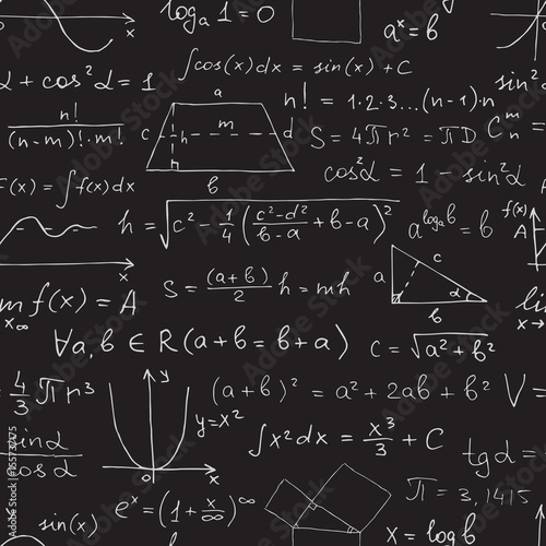 Vector seamless math pattern. Chalk mathematical symbols on black blackboard.