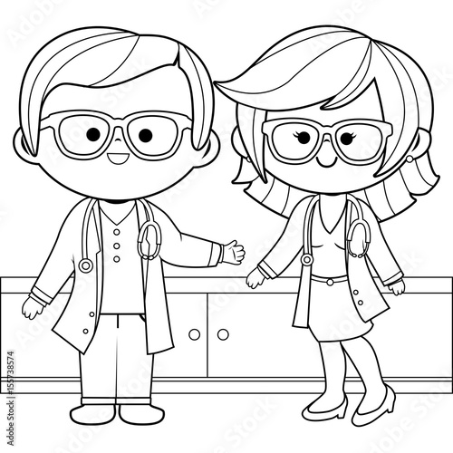 Male and female doctors at the hospital. Vector black and white coloring page.