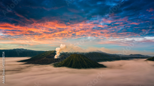 Mount Bromo volcano (Gunung Bromo) during sunrise from viewpoint on Mount Penanjakan.