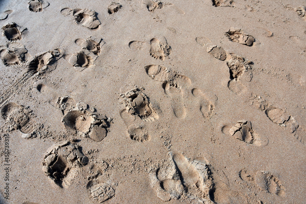 Texture of sand and footprints in the sand on the beach. Summer Vacation Concept. Texture of sand and footprints in the sand on the beach. Summer Vacation Concept.