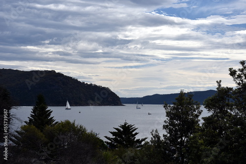 West Head lookout on the other side of the bay. Yach sailing on the water. View from Palm beach.