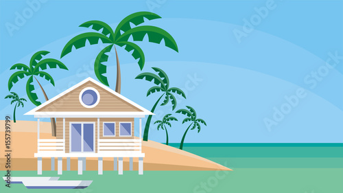 Small lodge on piles against the background of palm trees and a sea landscape. Vector background.