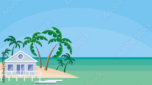 Small lodge on piles against the background of palm trees and a sea landscape. Vector background.