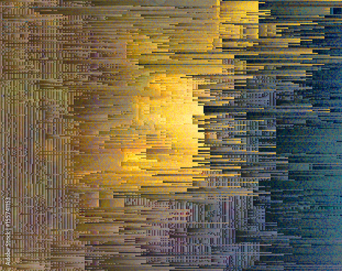 Colorful glitched background. Modern abstract generative illustration made of vector pixel mosaic. Distorted image processing. Random digital signal error. Collapsing array of data. Element of design.