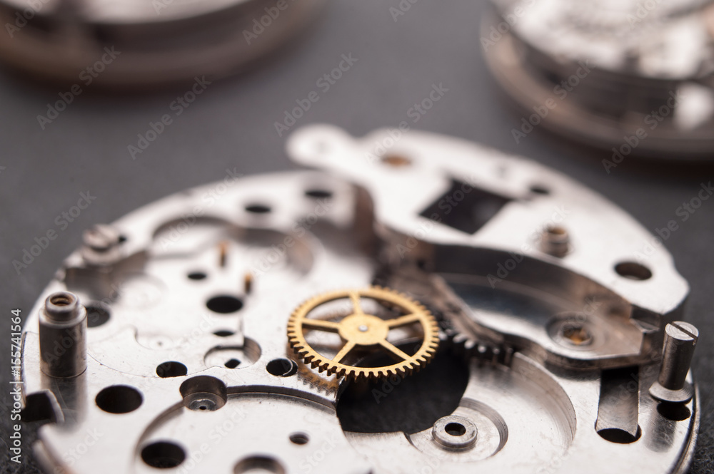 Detail of watch machinery on the table. Detail of watch machinery on the table.
