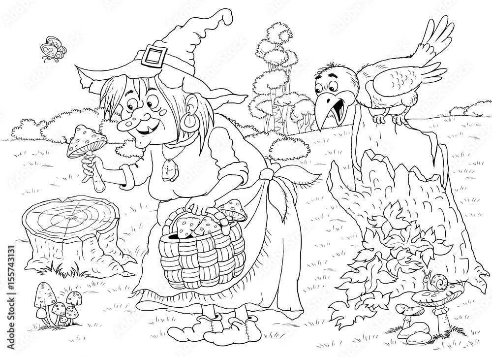 A cute witch picking mushrooms. Fairy tale. Coloring page. Illustration for children. Funny cartoon characters