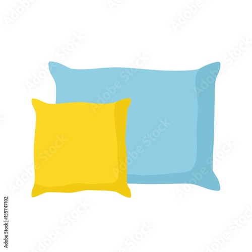 Blue and yellow pillows isolated on white background. Comfortable bed cushion pillow and bedding cloth. Vector Illustration