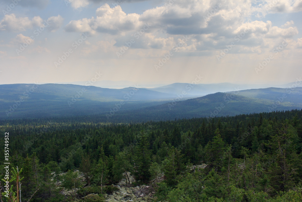 Panoramic view of the mountains and cliffs, South Ural. Summer in the mountains.View from the mountains. The nature of the southern Urals. Travel. Mountains.