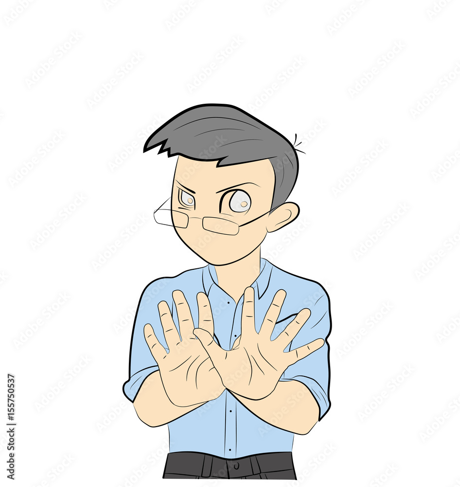 The man puts his hands forward. Protest. Hand drawn cartoon vector illustration for medical design and infographics.