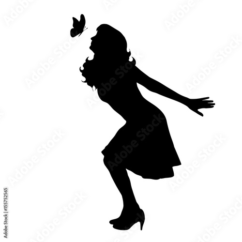 Vector silhouette of girl with butterfly on white background.