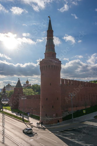 Beklemishevskaya tower and sun rays from the cloud near Moscow Kremlin, Russia.
