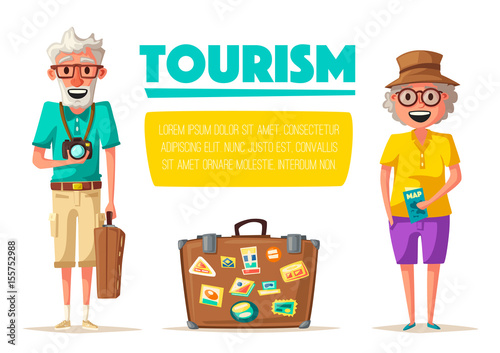 Old couple in travel. Journey of grandparents. Cartoon vector illustration