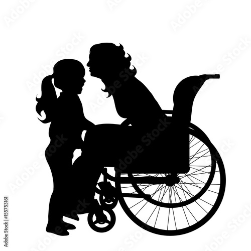 Vector silhouette of woman on wheelchair with daughter on white background.