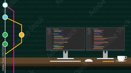 git code repository concept illustration with 3 monitor code program photo