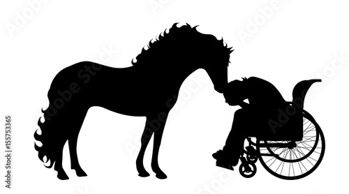 Vector silhouette of woman on wheelchair on white background.