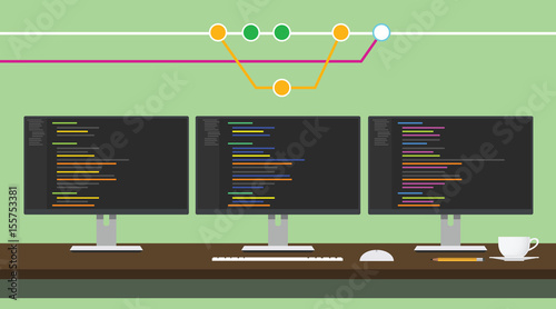 git code repository concept illustration with 3 monitor code program photo