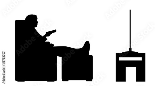 Vector silhouette of woman watch tv on white background.