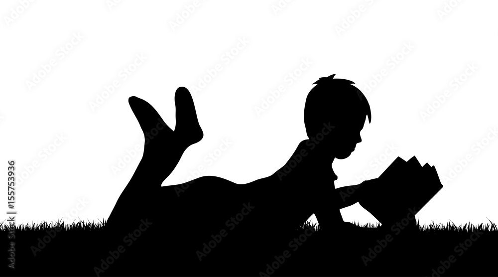 Vector silhouette of boy who read book in grass. Vector silhouette of boy who read book in grass.