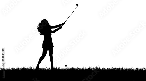 Vector silhouette of woman who play golf on white background.